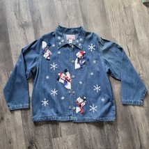 Tantrums Blue Denim Button Up Christmas Holiday Snowmen Shirt Jacket Wom... - £15.54 GBP