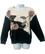 Vintage 90s Black Cream Pink Flower Applique Grandmacore Sweater size S - $26.31