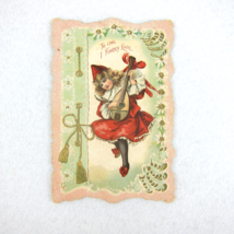 Antique Valentine Blonde Girl Minstrel Play Lute Red Dress Hat Embossed UNSIGNED - £7.86 GBP