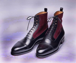 Two Tone Men&#39;s Boots Black Burgundy Suede Leather Premium Quality High A... - £141.63 GBP