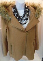 Michael Kors Wool Tan &amp; Faux Fur Moto Style Jacket Gold Logo Hardware Sz 14 - £78.89 GBP