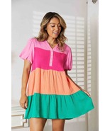 Double Take Color Block Buttoned Puff Sleeve Dress - £31.49 GBP