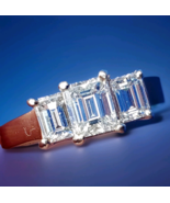 EARTH MINED DIAMOND Deco Engagement Ring 3 Stone Emerald cut Solitare 14... - $4,745.25