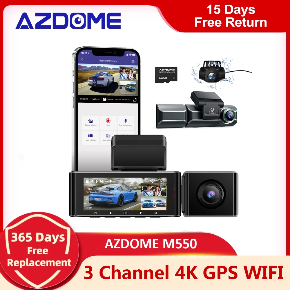 AZDOME M550 Car DVR 3 Camera 4K +1080 RearCam 1080 Front Bulit-in GPS WiFi - £133.28 GBP