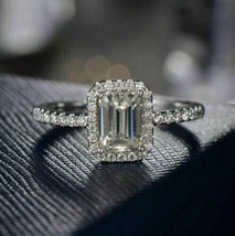 Emerald Cut 2.05Ct Simulated Diamond Halo Engagement Ring 14K White Gold Size 6 - £187.52 GBP