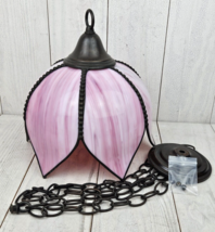 Rare Pink Slag Glass Tulip Pendant Lamp w/Hanging Chain and Ceiling Plate ~ READ - £134.73 GBP