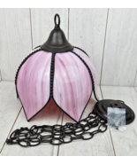 Rare Pink Slag Glass Tulip Pendant Lamp w/Hanging Chain and Ceiling Plat... - £133.95 GBP