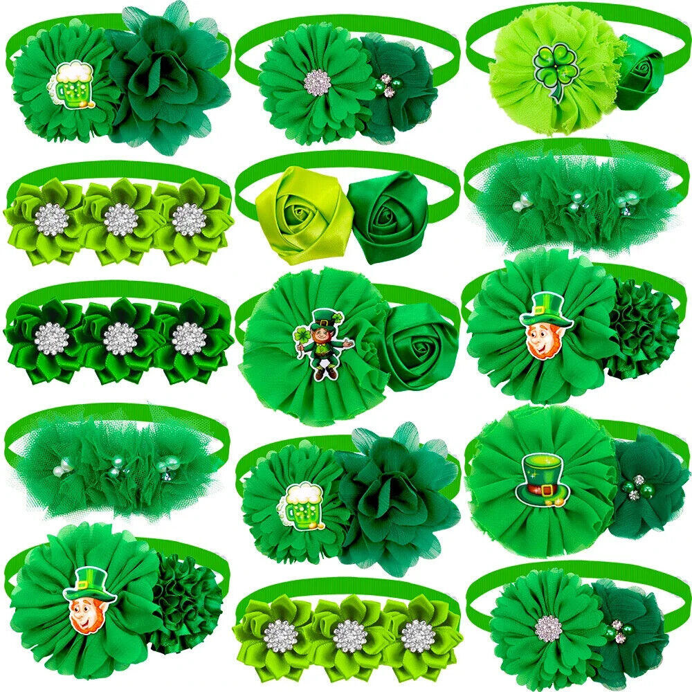 50Pcs St Patrick's Day Green Dog Bowtie Adjustable Necktie Pet Cat Puppy Collar