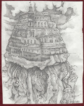 2010 Original Pencil Drawing Floating City Serbia Graphic Graphite Sky Town - £28.81 GBP