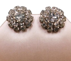 Vintage Patent Clip On Women Earrings Clustered Clear Crystals Button Shaped - £6.62 GBP