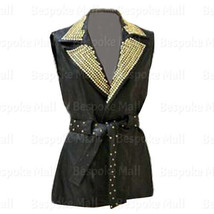 New Woman&#39;s Black Golden Rounded Studded Vintage Designed Leather Long Vest-299 - £209.40 GBP