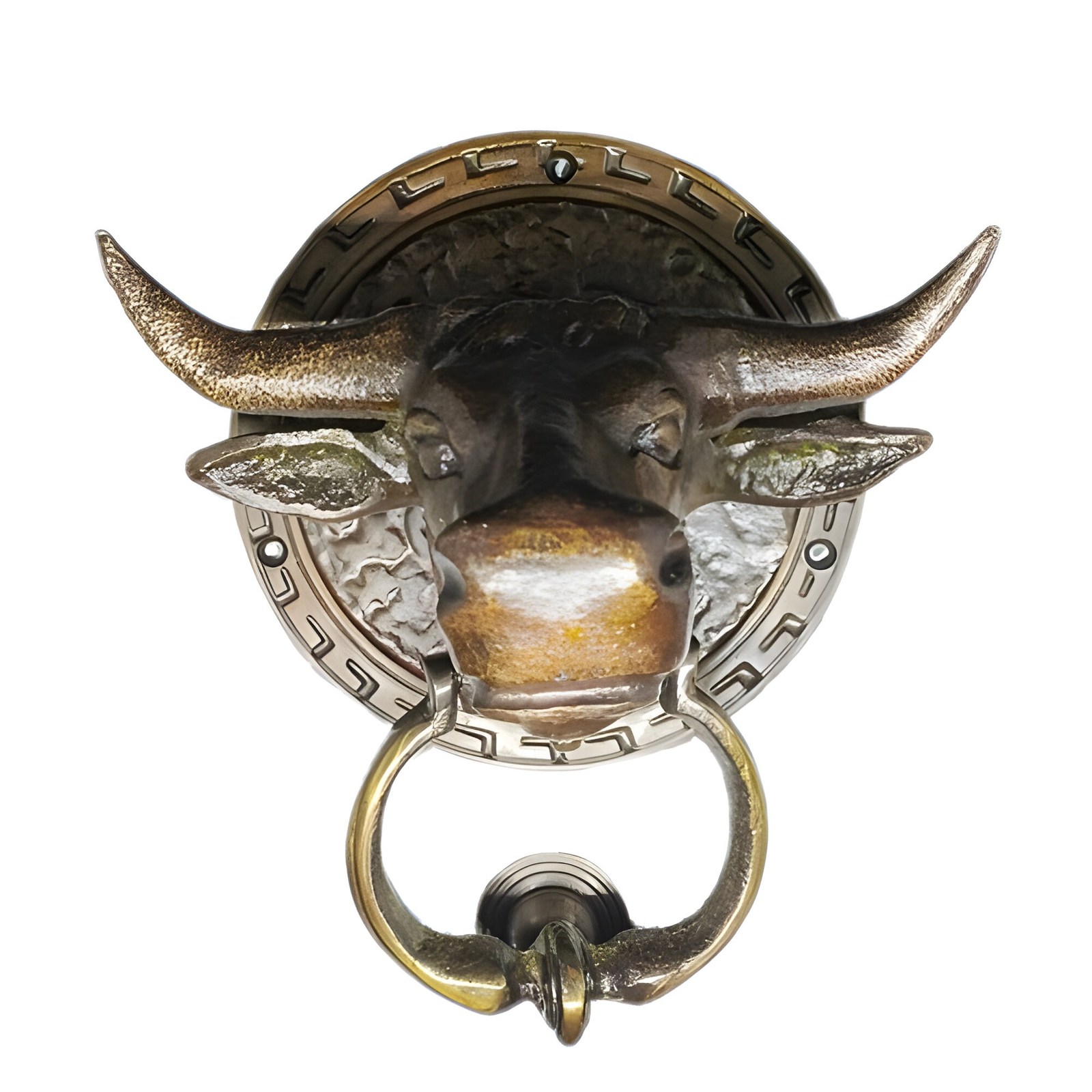 Vintage Solid Brass Bull Statue Door Knocker Earrings 5.5&quot; Ring Doorbell  - $121.00