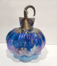 Fall Thanksgiving Blue Iridescent Glass Pumpkin Home Decor 7.5&quot; - $32.99