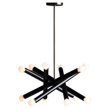 Black Metal &amp; Brass Tubular Chandelier Mid Century Modern Light Fixture - £392.77 GBP