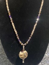 Handmade Glass Pendant Beaded Necklace Vintage Amethyst &amp; Citrine Colors 28&quot; - $11.99