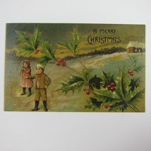 Christmas Postcard Boy &amp; Girl House Snow Holly Berries Embossed Antique 1906 - £7.98 GBP