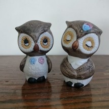 Owl With Flowers Salt Pepper Shakers Cartoon Animated Porcelain Bisque 2.75&quot; - £11.15 GBP