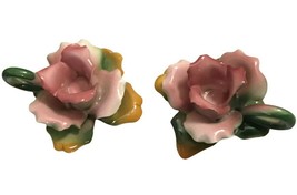 Vintage Pink Rose Roses Taper Candle Holders Set of 2 Porcelain ItalyMCM - £42.65 GBP