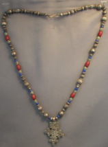 Authentic Ethiopian Coptic Tribal silver Cross Pendant Trade Bead Necklace 28&quot; - £199.37 GBP