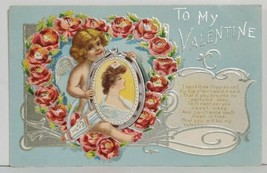 To My Valentine Greetings Cupid Heart of Flowers Embossed c1900s Postcard M20 - $10.95