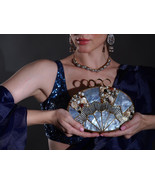 Blue Handmade Clutch Metallic Mother of Pearl Bridal Gold Embellished Lu... - $112.80