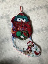 CHRISTMAS STOCKING SNOWMAN Holding Wreath NEEDLEPOINT WOOL Felt BACKED - $25.06