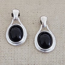 Sterling Silver Rhodium Plated &amp; Oval Onyx Post Dangle Drop Earrings - £73.41 GBP