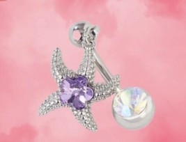 Silver Starfish Purple Crystal Belly BarSurgical Steel Belly Ring - £8.76 GBP