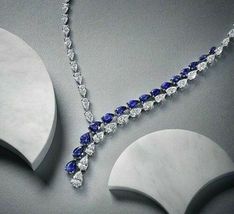 15.00Ct Pear Blue Sapphire &amp; Diamond V Shape Tennis Necklace 14k White Gold Over - £237.86 GBP