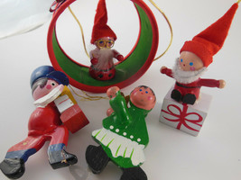 Vintage Wooden Christmas Ornaments set 4 Santas shopper ice skater 2.5 - 3.5&quot; - £7.56 GBP