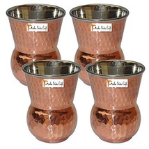 Set of 4 - Prisha India Craft Copper Muglai Matka Glass Inside Stainless Steel H - £42.85 GBP