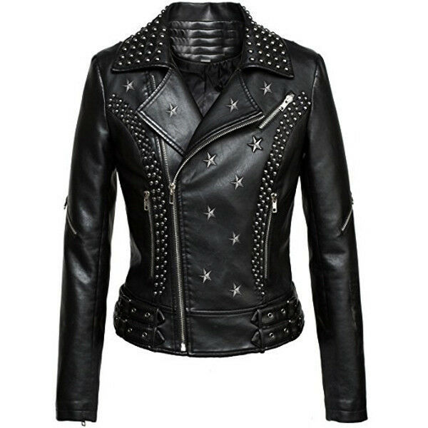 Women's Black Biker Star Silver Studded Genuine Leather Slim Fit Handmade Jacket