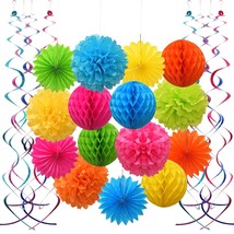 Colorful Paper Party Decorations, Tissue Paper Flower&amp;Party Pom Poms Wth Swirl S - £20.77 GBP