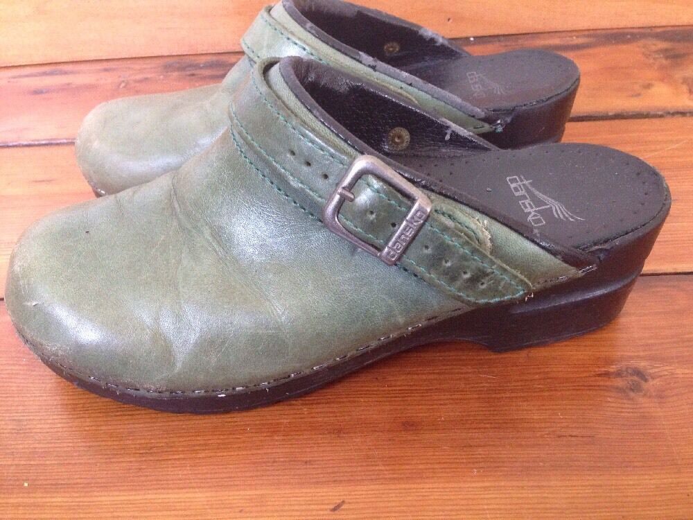 Primary image for Dansko Green Nubuck Leather Womens Slip On Shoes Buckle Mules Clogs 7.5 38