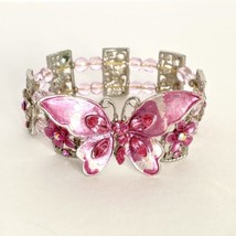 Pink Butterfly Flowers Rhinestones Enamel Faceted Beads Pretty Stretch Bracelet - £12.13 GBP