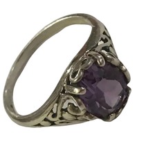 Antique Sterling Silver Signed Ster Prong Amthyst Ring Size 10 - $65.00