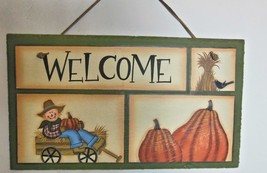 &quot;Welcome Sign&quot; Painted on Slate 8 x 14&quot; Scarecrow Pumpkin Crow - £15.03 GBP