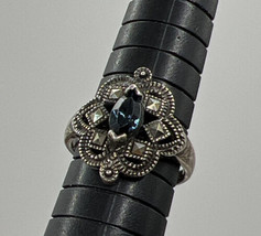 DIVINE VINTAGE 925 STERLING SILVER, BLUE TOPAZ AND MARCASITE, LADIES RIN... - £30.10 GBP