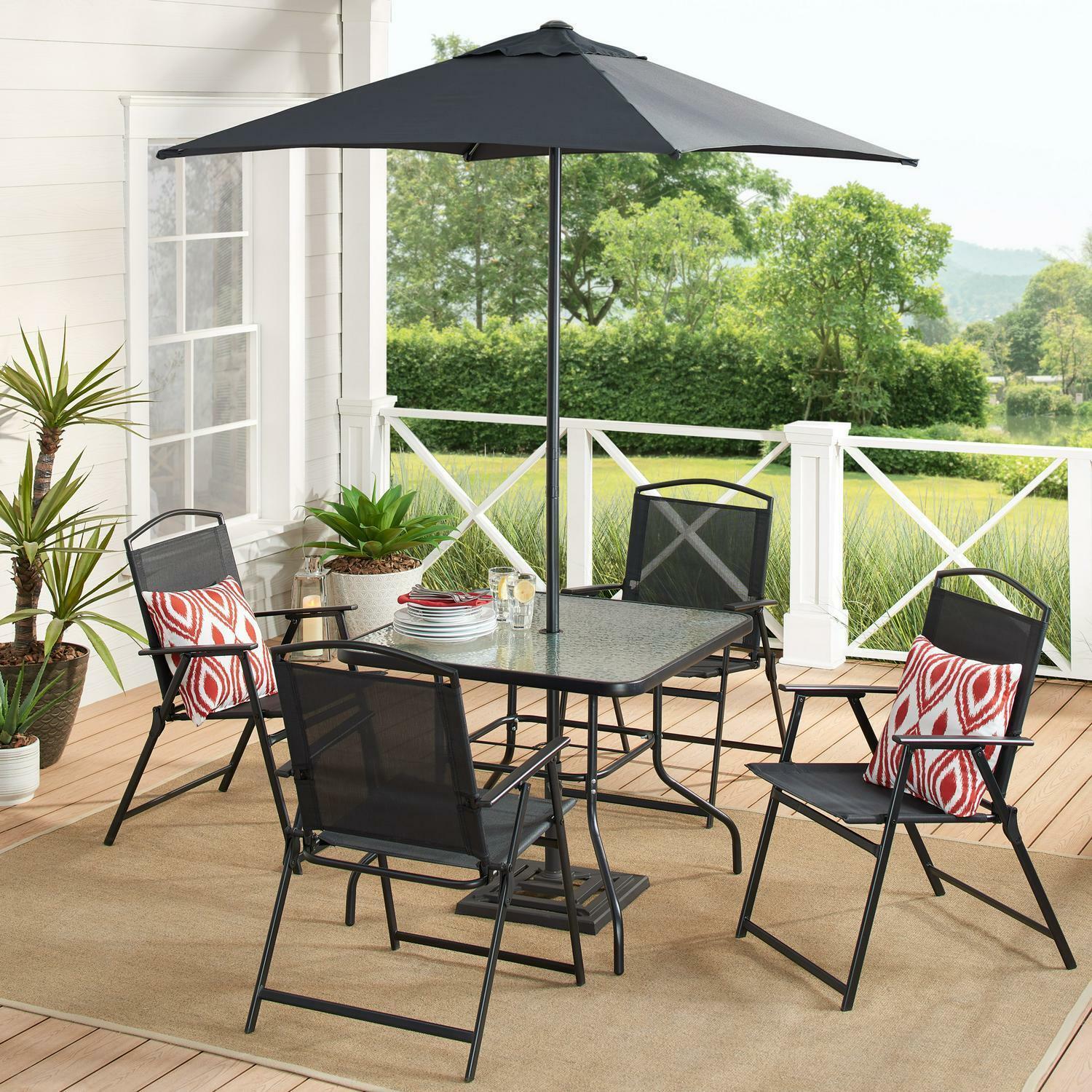 Primary image for Patio Dining Set 6-Piece Black Outdoor Garden Table and Chairs Umbrella Backyard