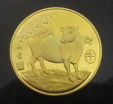 Vintage Chinese Zodiac 24k gilded Gold Coin Cow Lunar 1998 Token Yellow ... - £12.40 GBP