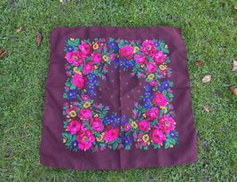 Vintage 1960s burgundy scarf, folk floral cotton head wrap, square retro... - $25.00