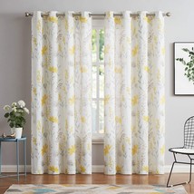Printed Sheer Curtains Linen Textured For Living Room Floral, 52 X 84 In. Yellow - £37.50 GBP