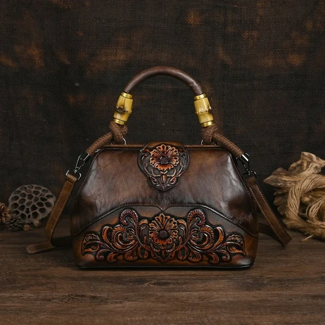  Handmade Luxury Handbags For Women Leather Shoulder Bags   Vintage Carved Ladie - £54.03 GBP