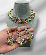 Indian Bollywood Silver Plated Kundan Choker Bridal Necklace Earrings Jewelry - £29.84 GBP