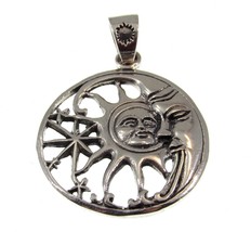 Solid 925 Sterling Silver Sun, Crescent Moon Face, &amp; Stars Celestial Pendant - £28.52 GBP