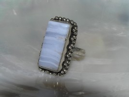 Estate Long Light Blue Lacey Agate Rectangle in Unmarked Silver Bead Frame Ring - £19.12 GBP