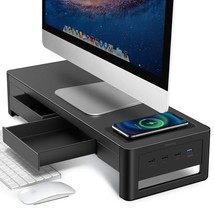 3 In 1 Monitor Stand Riser With 2 Drawers,1 Wireless Charging Module And 4 Usb P - £121.00 GBP
