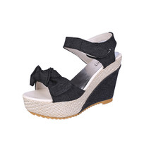 New Summer Blue Denim Sandals High Heel Platform Wedges Sexy Bowtie Female Women - £24.80 GBP