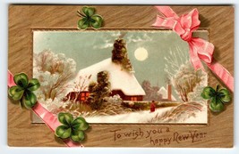 New Year Postcard Snow Covered Country Home Moon Clovers Trees Embossed Germany - £14.49 GBP
