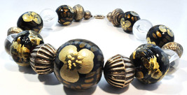 Vintage 1980s Huge Wood Silver Lucite Beaded Hand Painted Art Choker Necklace  - £59.71 GBP